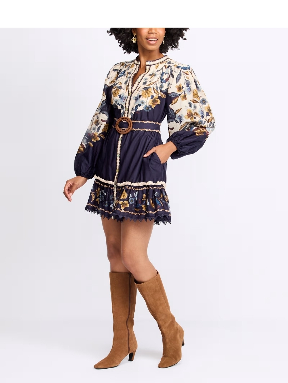 NWT FARM Rio Navy and Cream Floral Belted Mini Dress